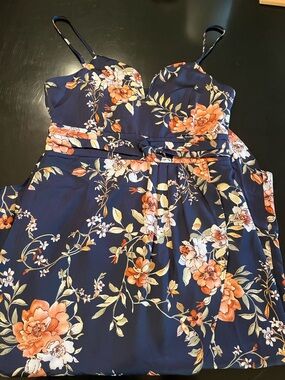 Lulu's Navy Floral Dress with Peach and Cream Blooms